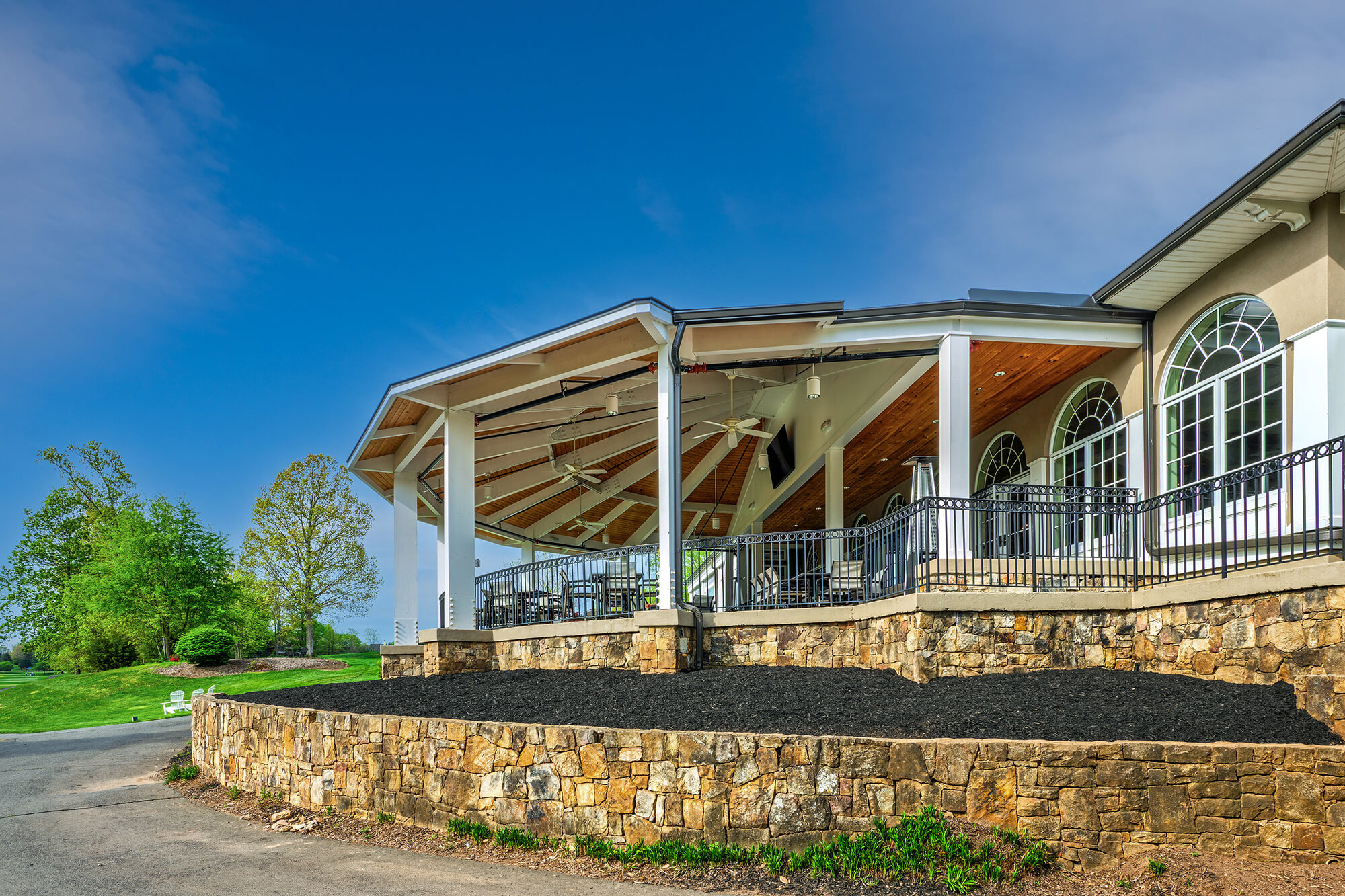 Exterior, pavilion addition, Stonewall Golf Club. Photo by John Magor for James Hricko Architect LLC.